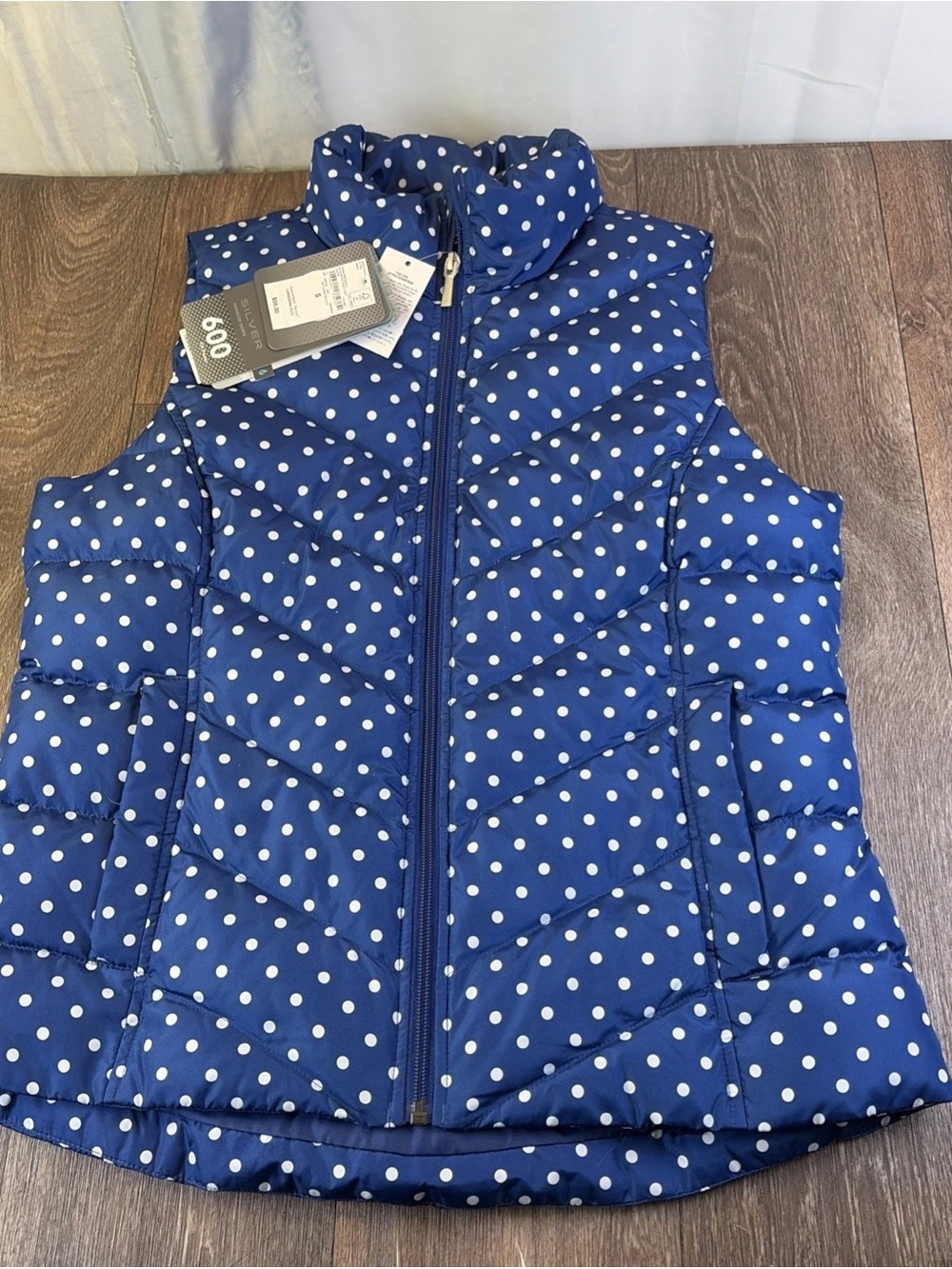 NWT Lands’ End Down Puffer Full Zip Vest Women Small 6-8 Blue Bayou Polka Dot